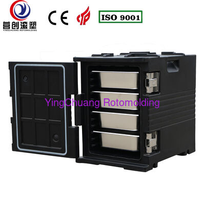 YINGCHUANG ROTOMOLDING OEM 90L Black Rotomolded Insulated Box With Small Casters, Thick PU Foam Hot & Cold Holding GN Pan Food Transport Cabinet For Central Kitchen Catering Canteen