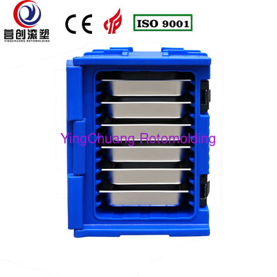 YINGCHUANG ROTOMOLDING OEM 90L Blue Rotomolded Insulated Box With Small Casters, Thick PU Foam Hot & Cold GN Pan Food Transport Cabinet For Central Kitchen Canteen